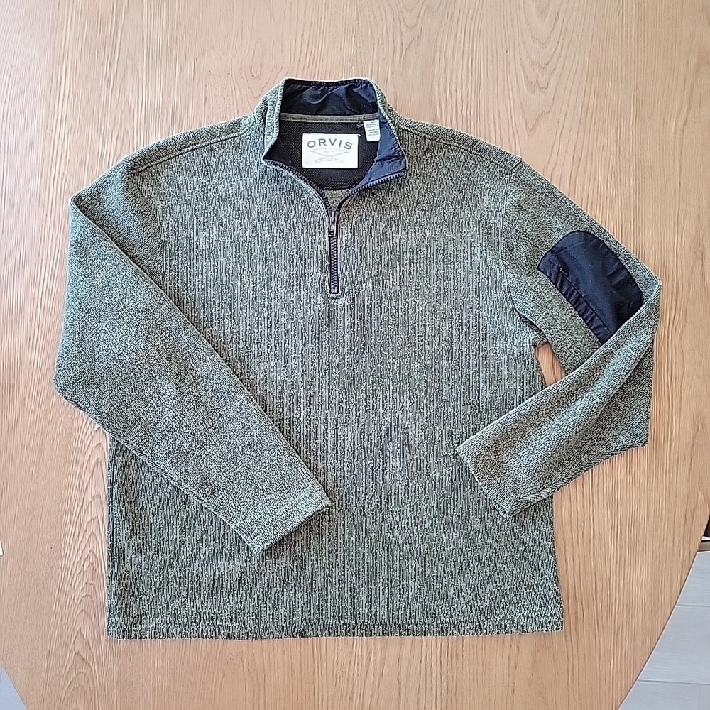 Orvis Pullover Men's XL 1/4 Zip Green Sweater Elbow‎ Patch Polyester